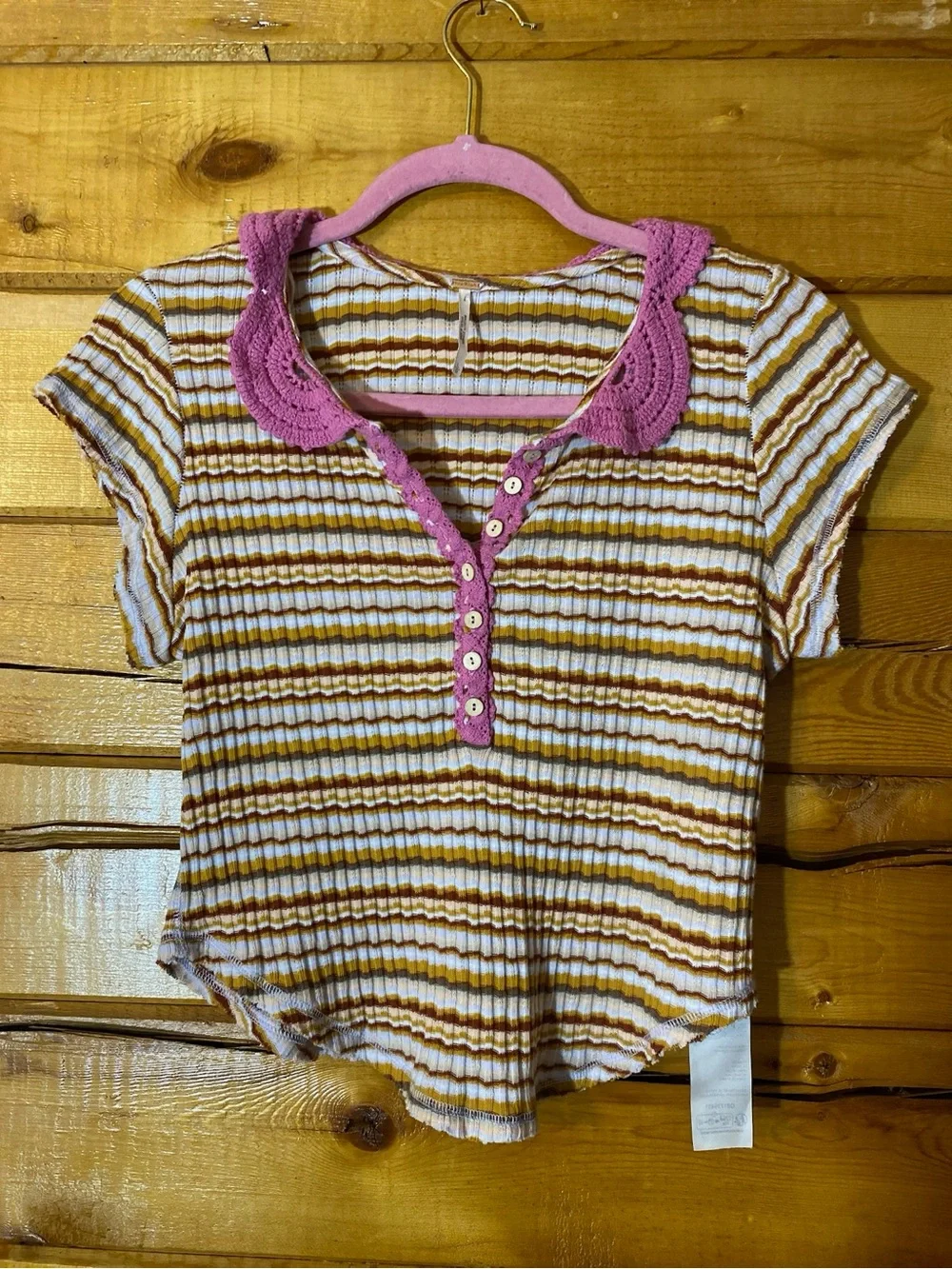 Free People Striped Ribbed Short Sleeve Top with Pink Crochet Collar